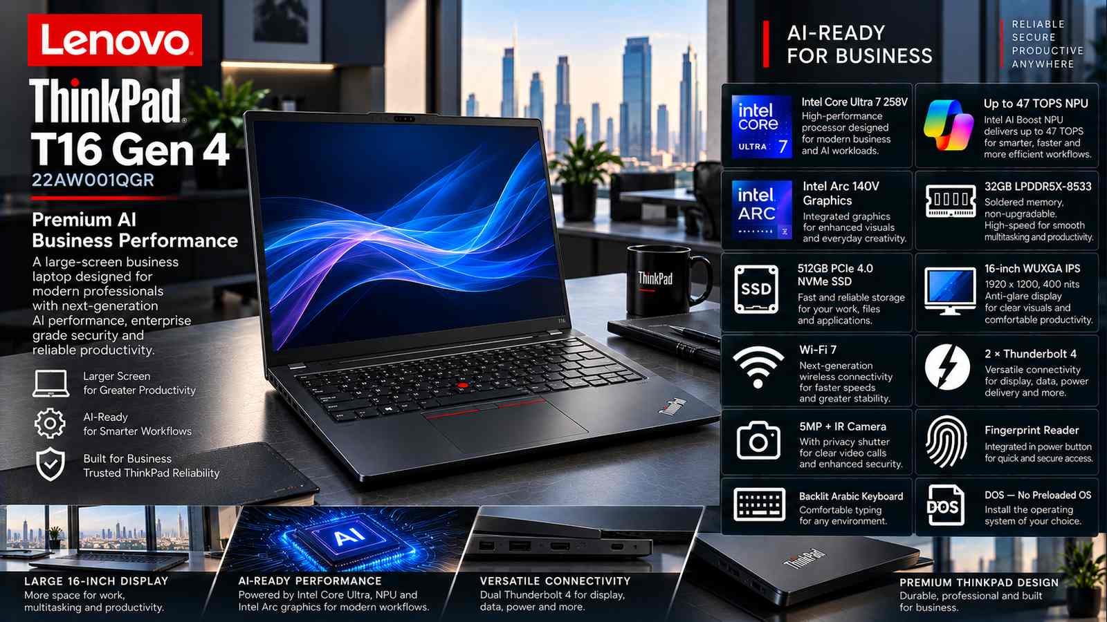 Lenovo ThinkPad T16 Gen 4 22AW001QGR Copilot+ Capable AI Business Laptop, Intel Core Ultra 7 258V, 32GB LPDDR5X-8533, 512GB PCIe 4.0 SSD, Intel Arc 140V, 16-inch WUXGA IPS 400-Nit, Wi-Fi 7, Backlit Arabic Keyboard, DOS with Warranty | 22AW001QGR